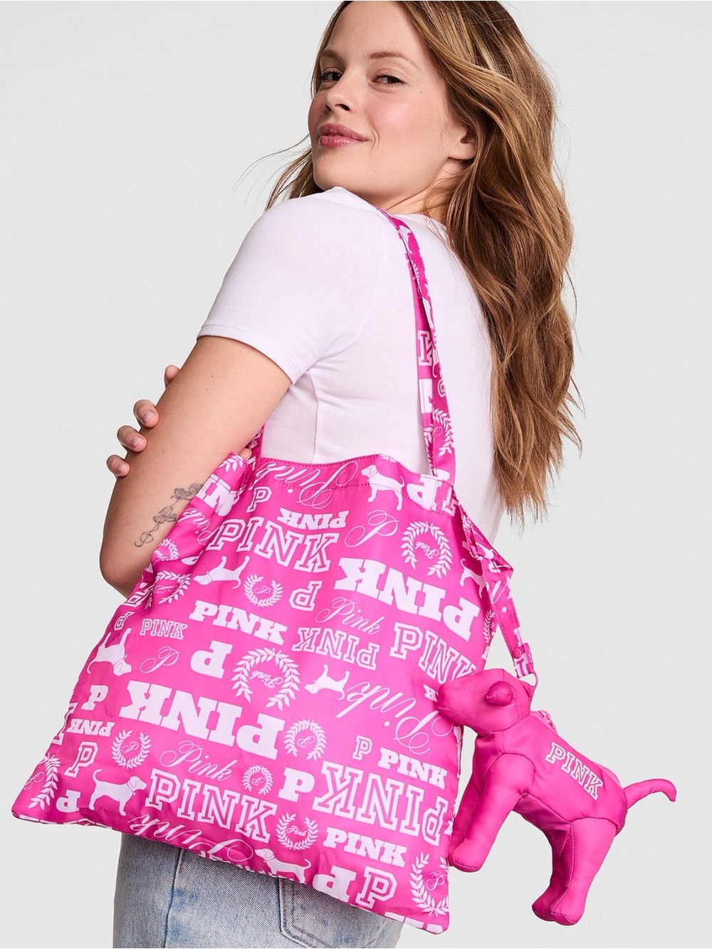 PINK Victoria's Secret Bright Pink Logo Tote with Dog Charm